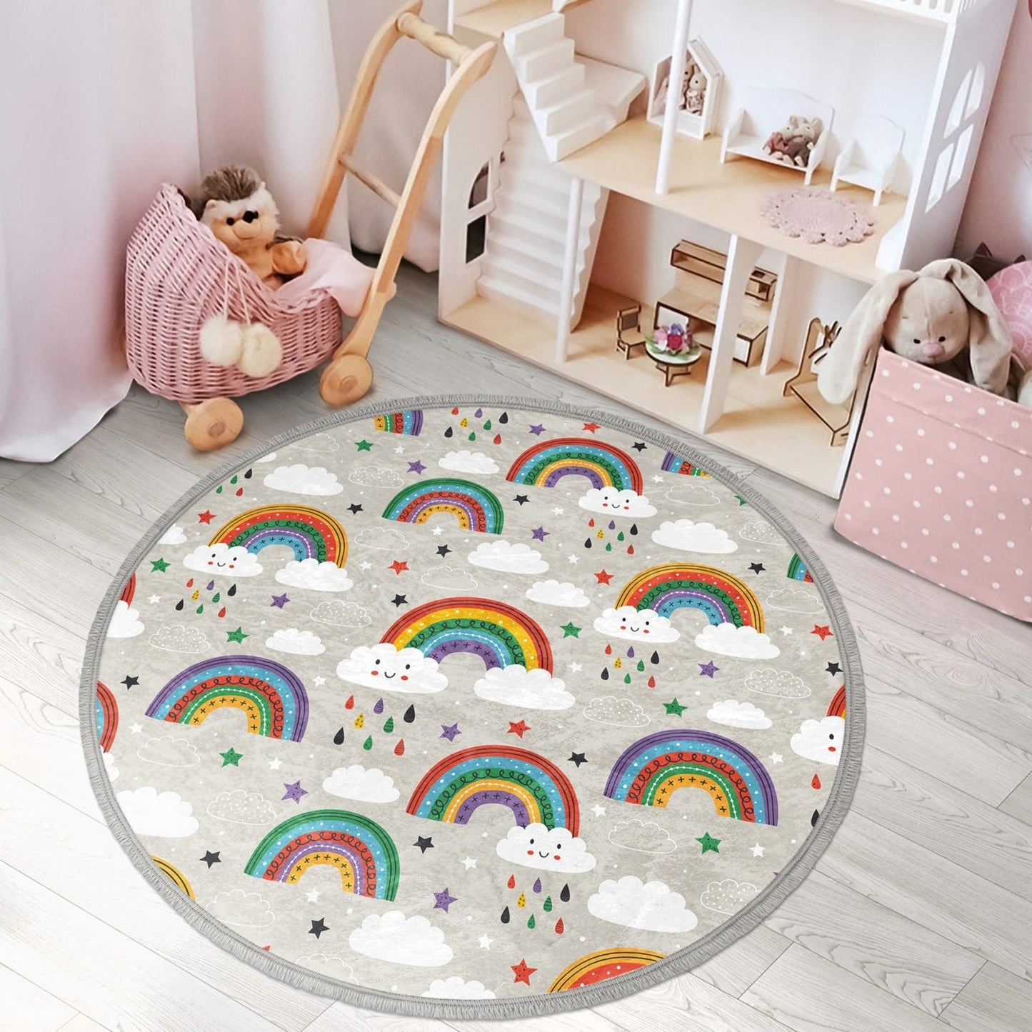 Decorative Circular Non-Slip Rainbow Round Rug - Gray