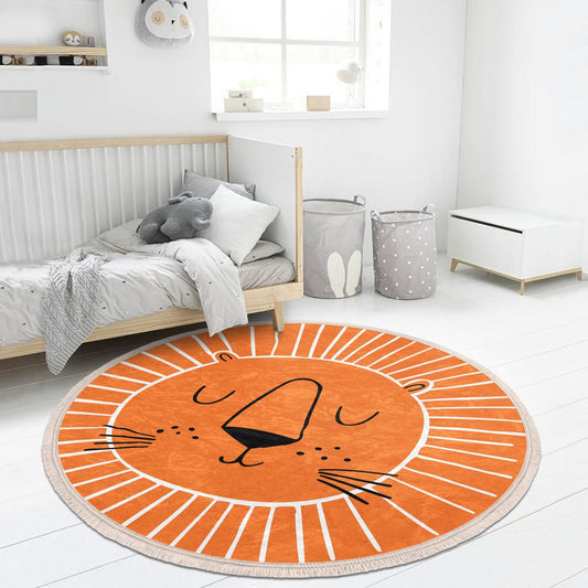 Decorative Circular Non-Slip Round Rug - Orange Lion