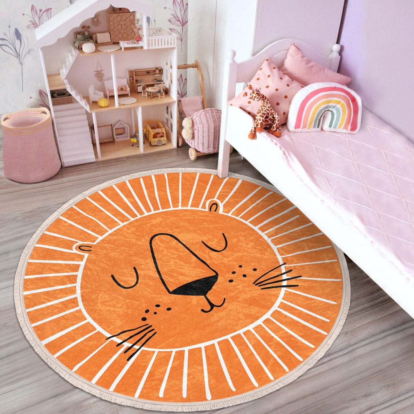 Decorative Circular Non-Slip Round Rug - Orange Lion