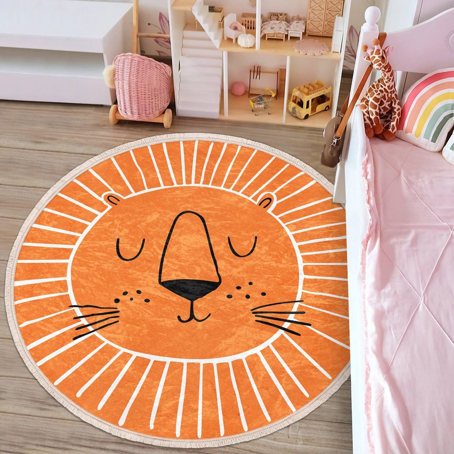 Decorative Circular Non-Slip Round Rug - Orange Lion