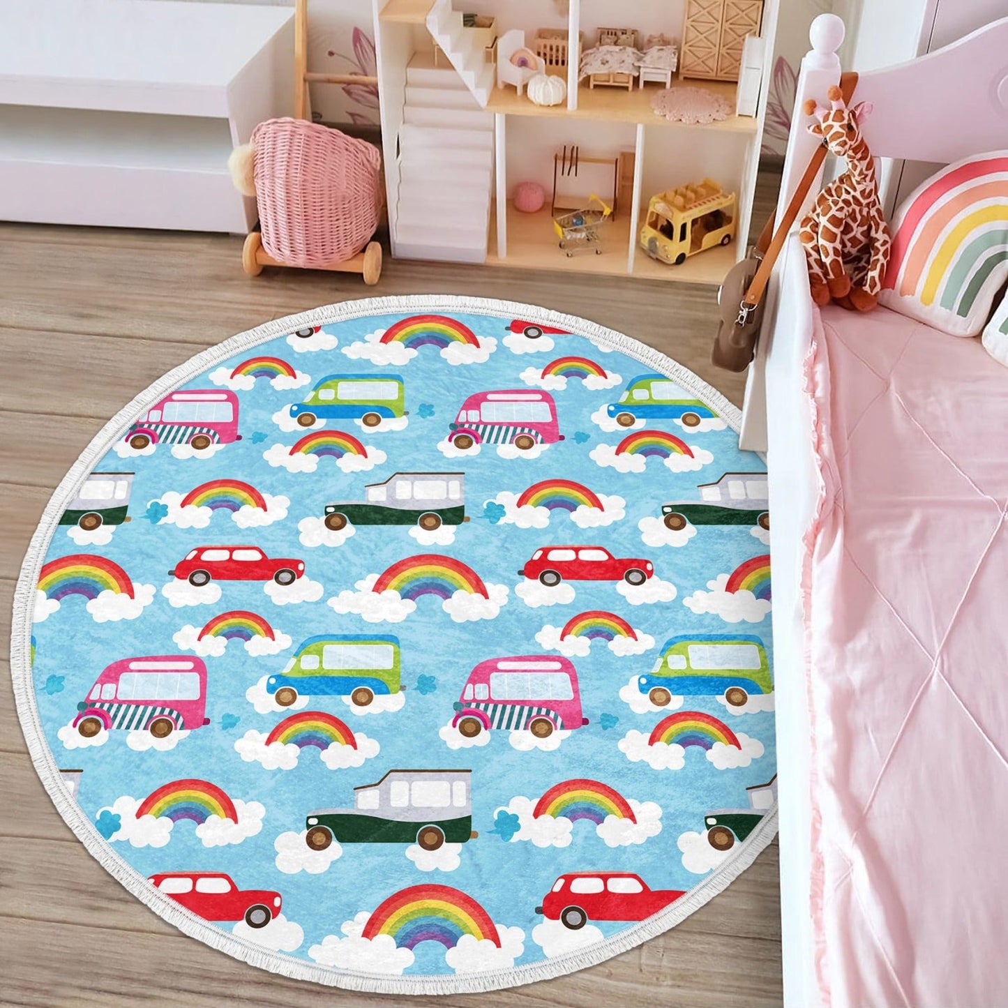 Decorative Circular Non-Slip Round Rug - Rainbows and Cars