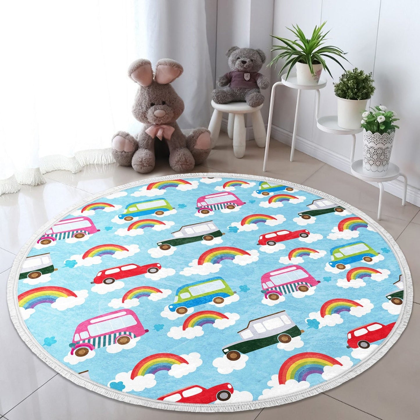 Decorative Circular Non-Slip Round Rug - Rainbows and Cars