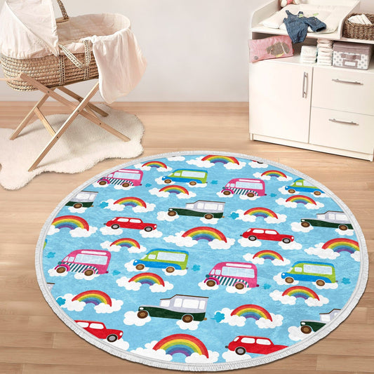 Decorative Circular Non-Slip Round Rug - Rainbows and Cars