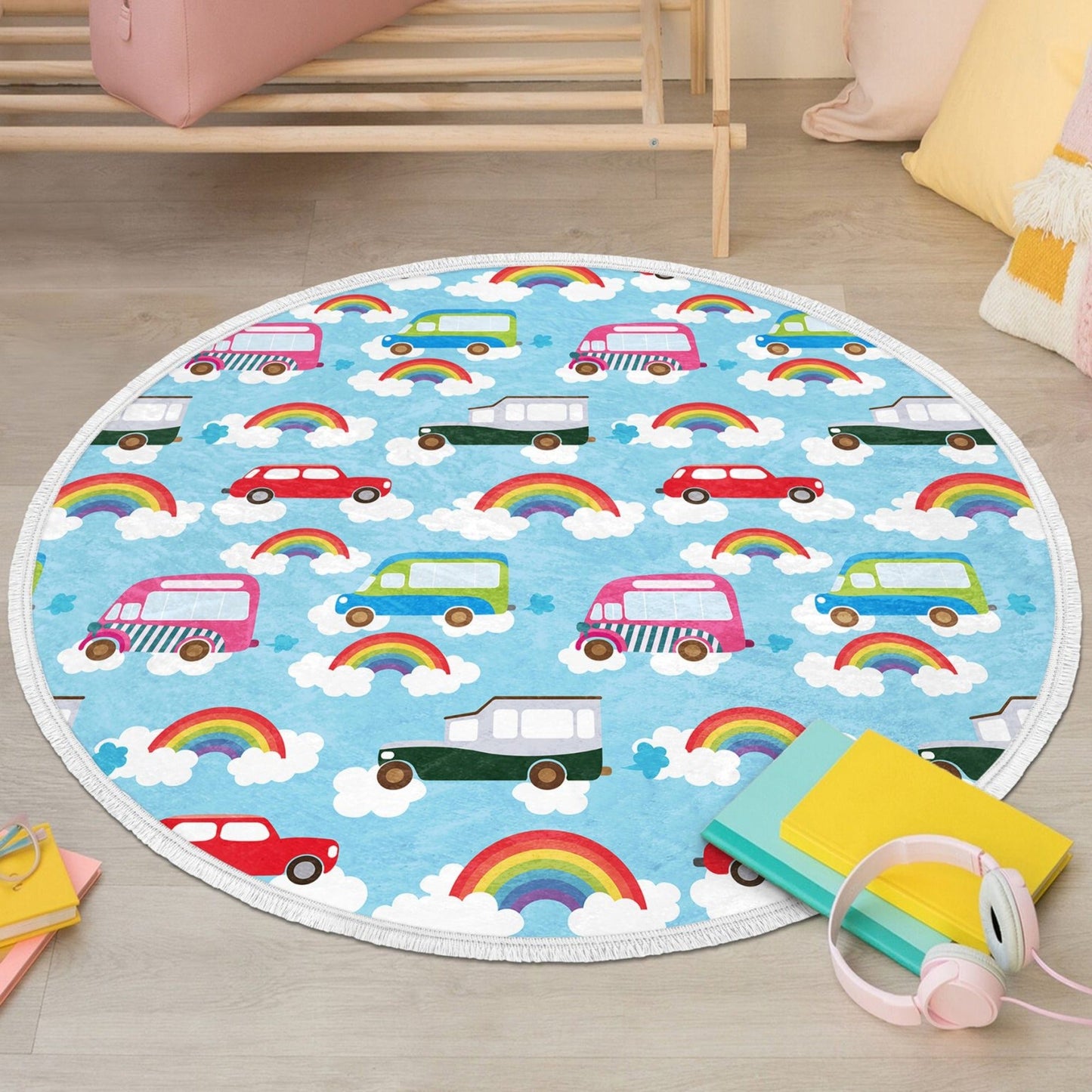 Decorative Circular Non-Slip Round Rug - Rainbows and Cars