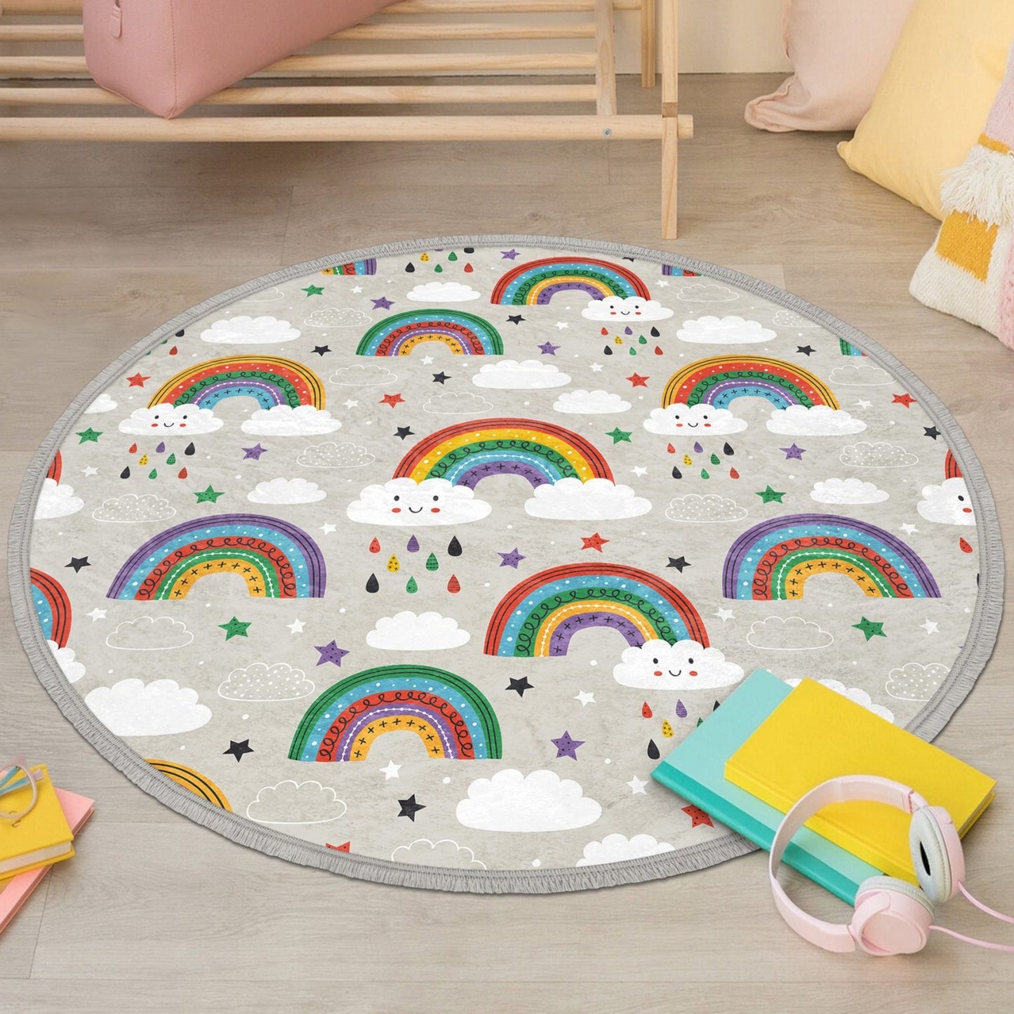 Decorative Circular Non-Slip Rainbow Round Rug - Gray